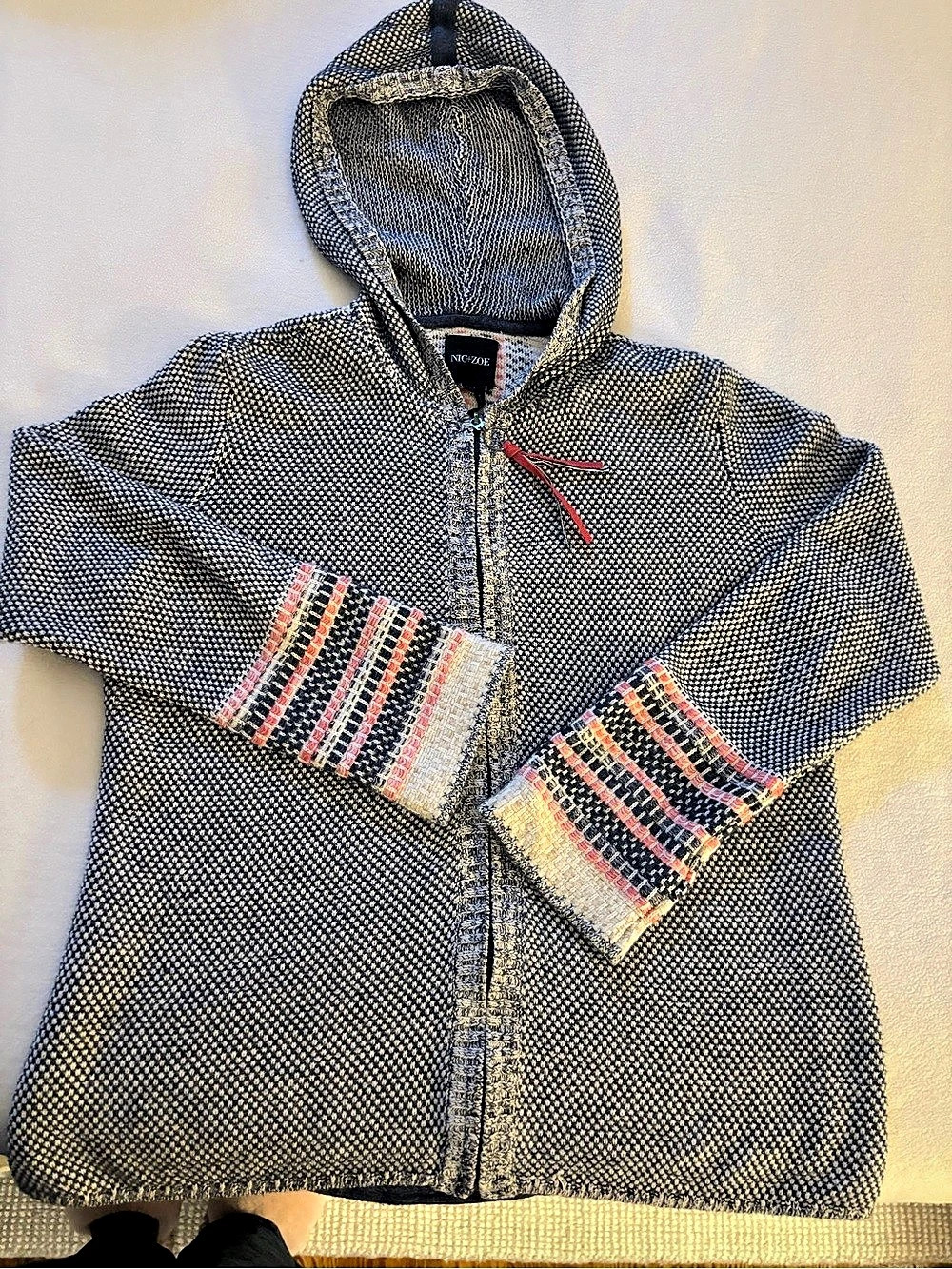 NIC+ZOE Hooded Knit Jacket in Blue & White Size Medium